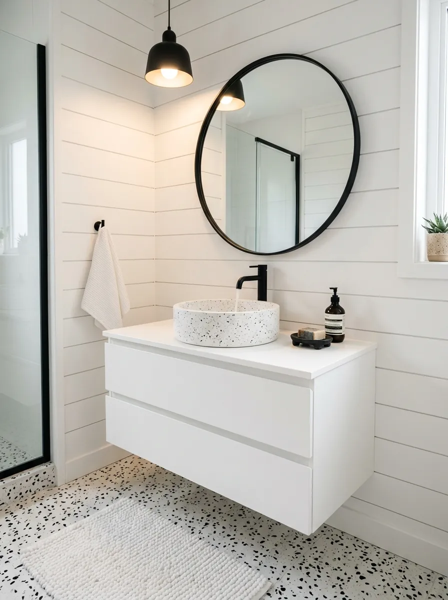 18 Black and White Bathroom Ideas That Photograph Beautifully and Look Just as Good in Real Life 13 Modern bathroom with black and white terrazzo floor and matching terrazzo vessel sink on white floating vanity