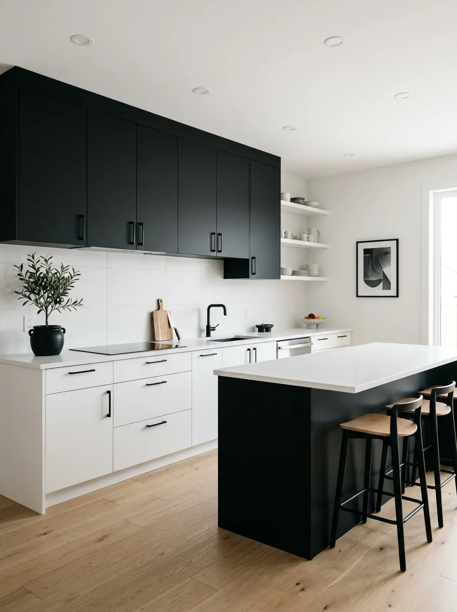 Matte black upper cabinets and white lower cabinets in a bold graphic two tone kitchen cabinet design with a black island centerpiece