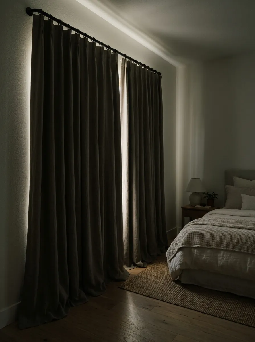 18 Inspiring Guest Bedroom Ideas That Create a Warm, Cozy, and Memorable Stay 12 Floor to ceiling greige blackout curtains blocking morning light in a calm and restful guest bedroom
