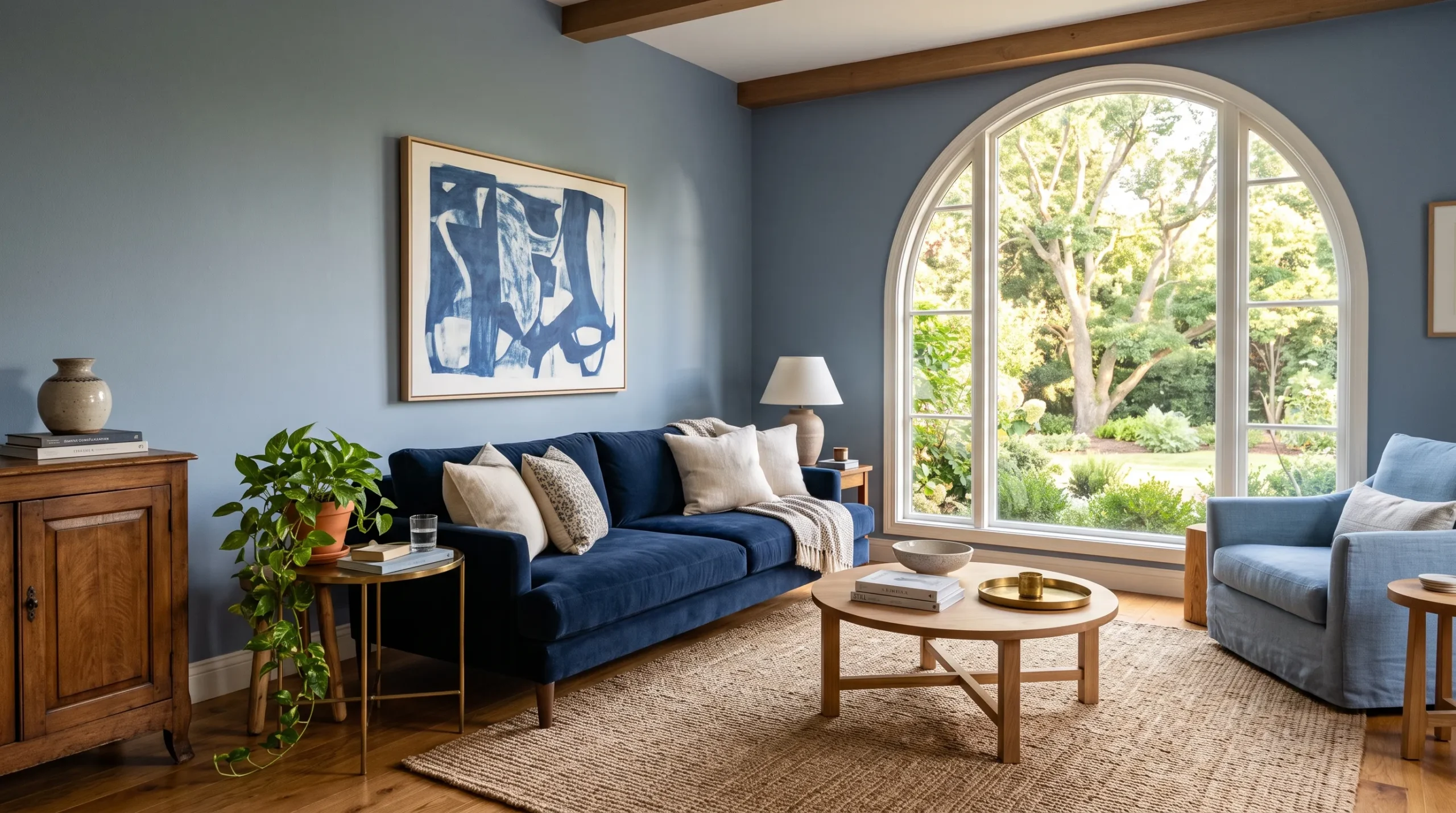 21 Blue Living Room Ideas That Prove This Bold Color Can Create a Beautiful, Timeless Space 3 Blue living room with navy velvet sofa, warm oak floors, brass accents, and soft golden natural light