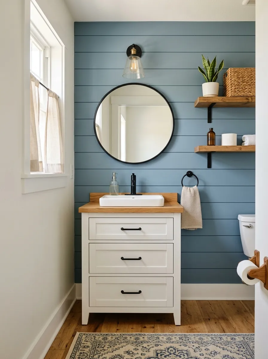 16 Half Bathroom Ideas That Maximize Style, Function, and Impact in a Small Space 3 Farmhouse half bathroom with dusty blue shiplap wall, round black mirror, open wood shelves, and matte black hardware