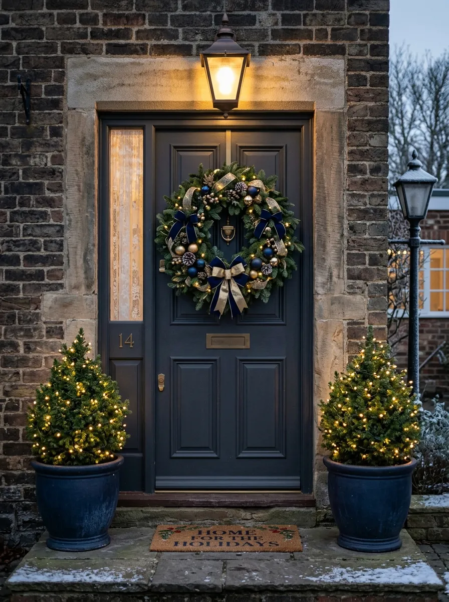 Blue and gold Christmas wreath with navy planters and gold lights as an elegant front yard Christmas decor entry