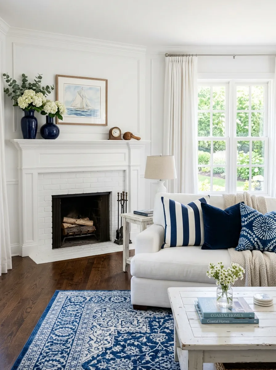 Classic blue and white living room with striped pillows, navy vases, and patterned rug