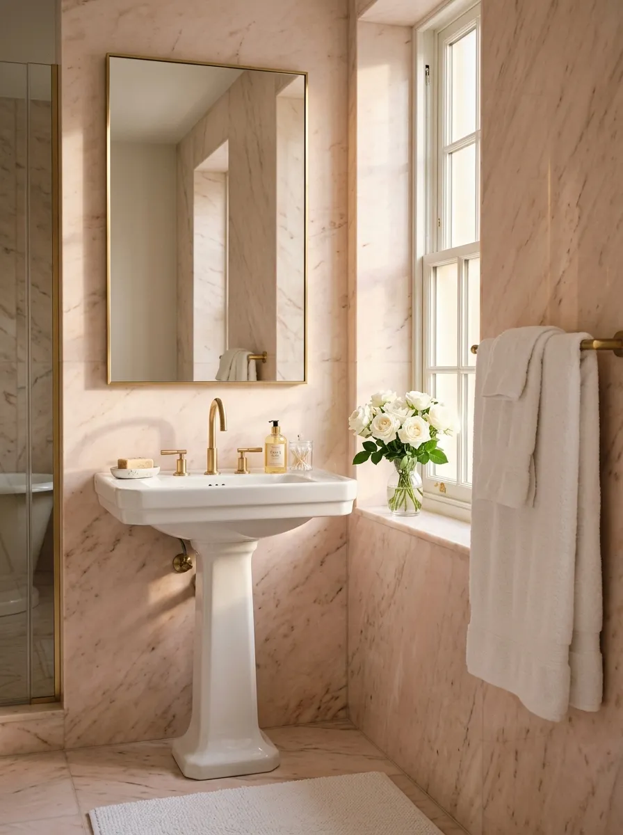 Soft blush marble bathroom with gold fixtures, white roses, and natural light elegant pink bathroom decor