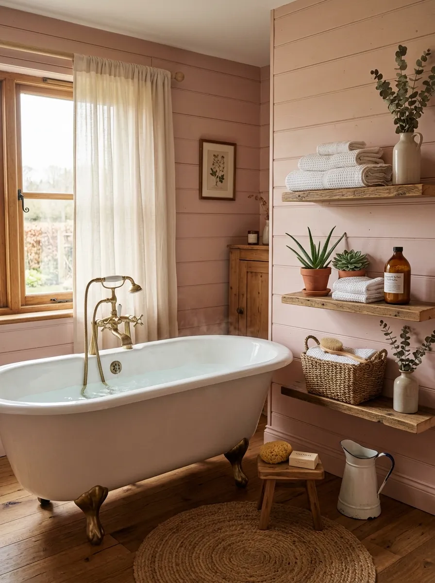 Blush pink shiplap bathroom with clawfoot tub, brass fixtures, and wooden shelves cozy farmhouse pink bathroom ideas