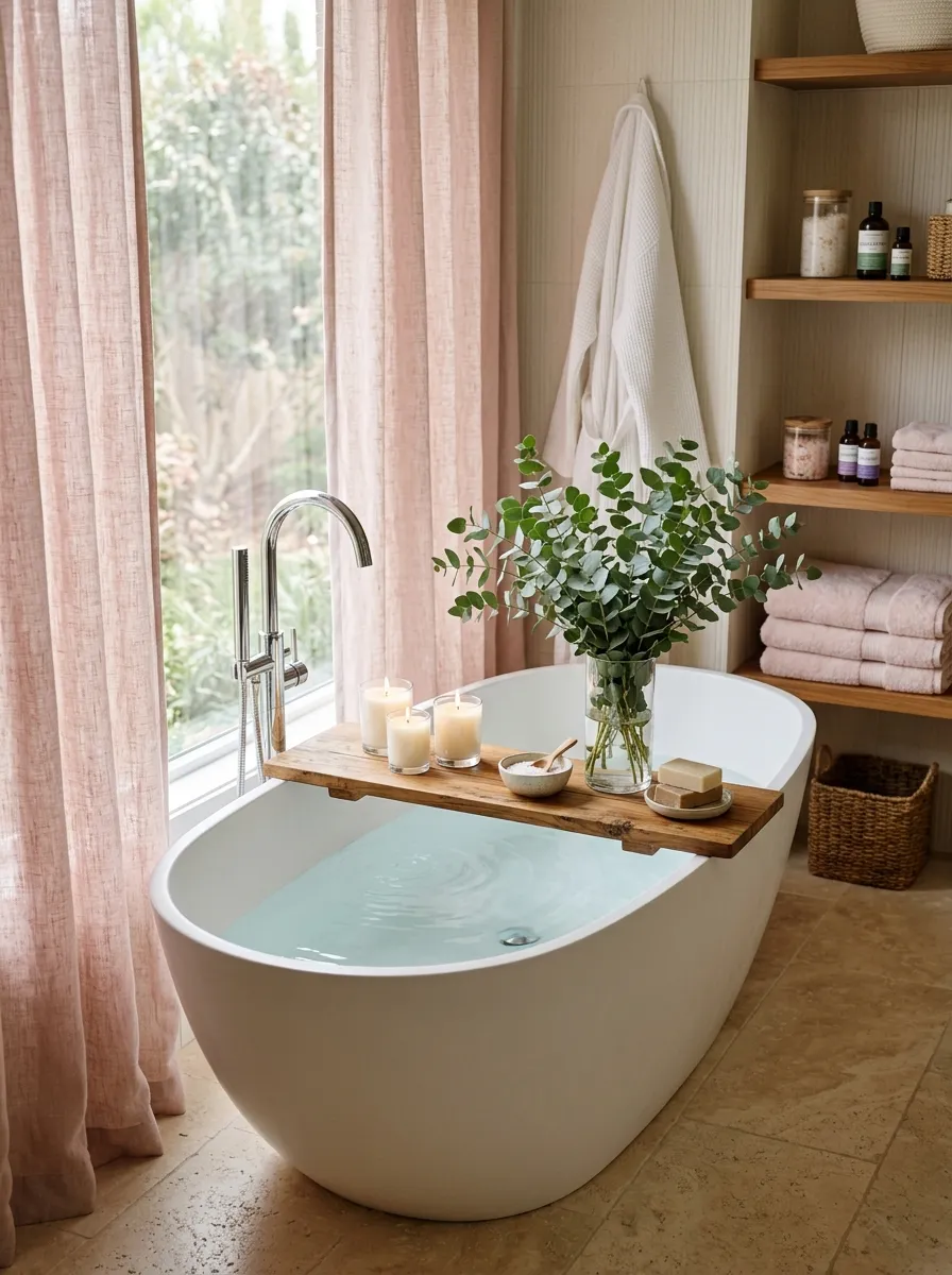 Blush pink spa bathroom with soaking tub, eucalyptus stems, teak caddy, and linen curtains relaxing pink bathroom ideas