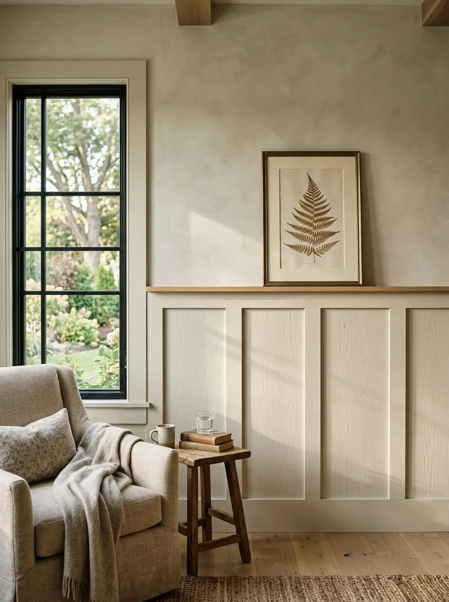 21 Modern Farmhouse Living Room Ideas That Perfectly Balance Texture, Warmth, and Modern Style 15 A farmhouse living room with warm off white board and batten wall paneling on the lower half and a soft greige limewash finish on the upper wall above.