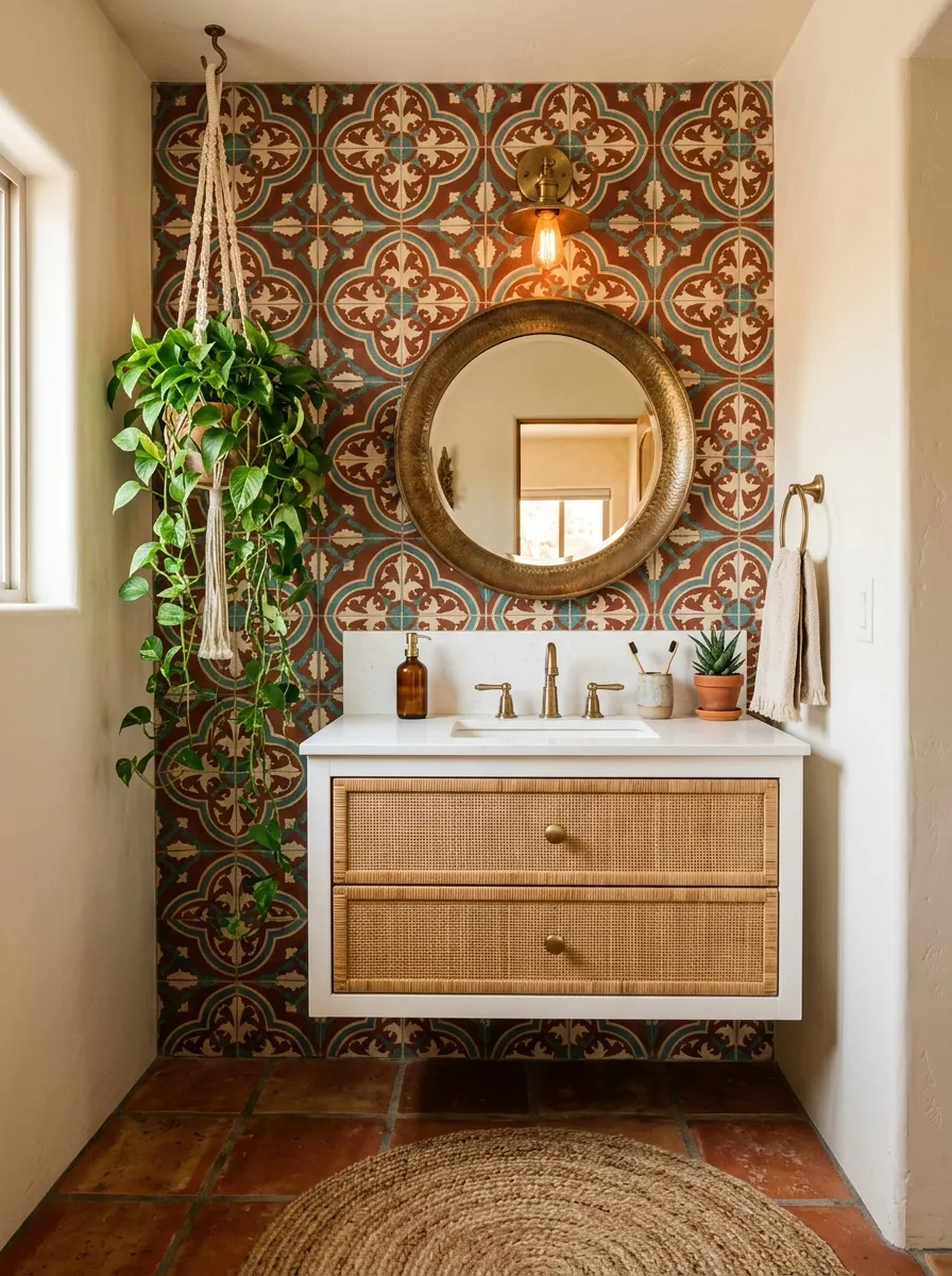 16 Half Bathroom Ideas That Maximize Style, Function, and Impact in a Small Space 12 Bohemian half bathroom with patterned encaustic tile accent wall, rattan vanity, aged brass mirror, and hanging trailing plant