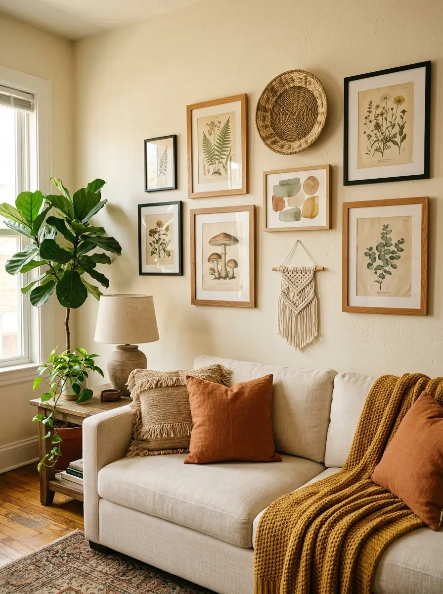 22 Boho Apartment Ideas That Turn Small Spaces Into Soulful, Cozy, and Stylish Sanctuaries 20 A Boho apartment gallery wall with botanical prints, a woven hanging, abstract watercolor, and macramé above a cream sofa in warm afternoon light.