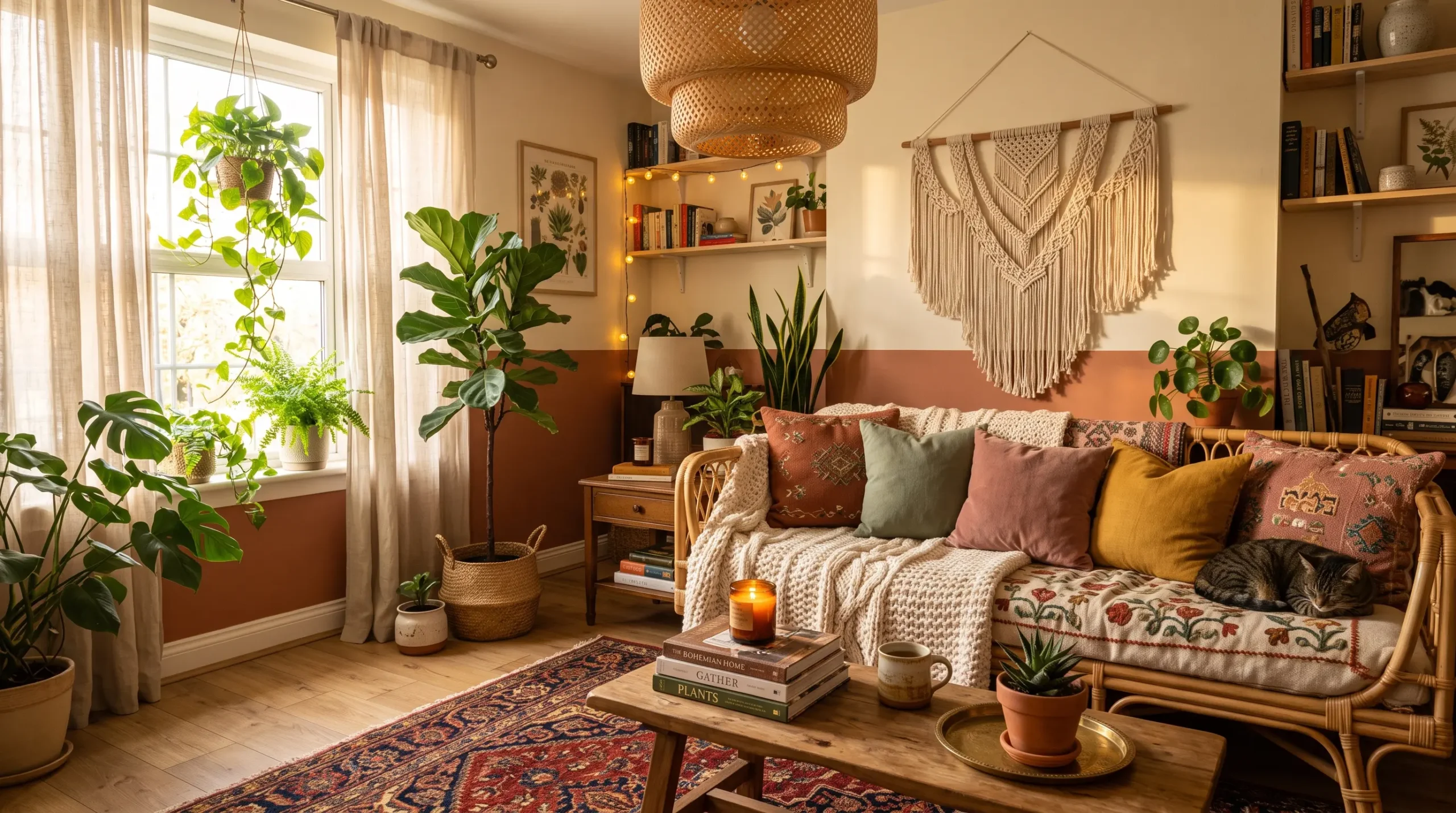 A small Boho apartment living room with rattan furniture, macramé wall art, warm textiles, plants, and soft golden lighting.