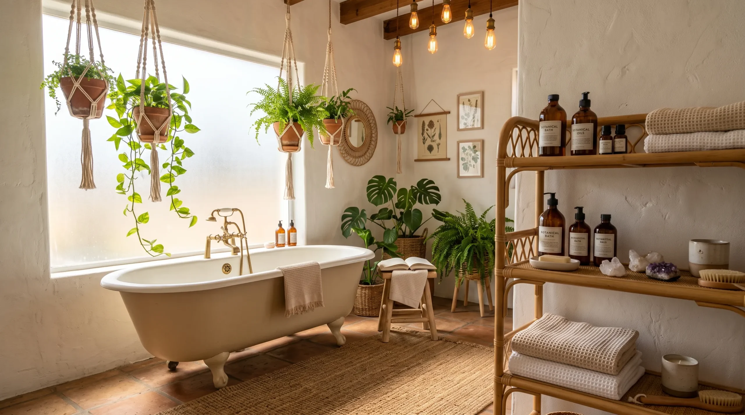 19 Boho Bathroom Ideas That Combine Soft Textures, Natural Details, and Soulful Eclectic Style 2 A warm, serene Boho bathroom with clawfoot tub, macramé planters, rattan shelves, and natural textures in soft whites and earthy tones.