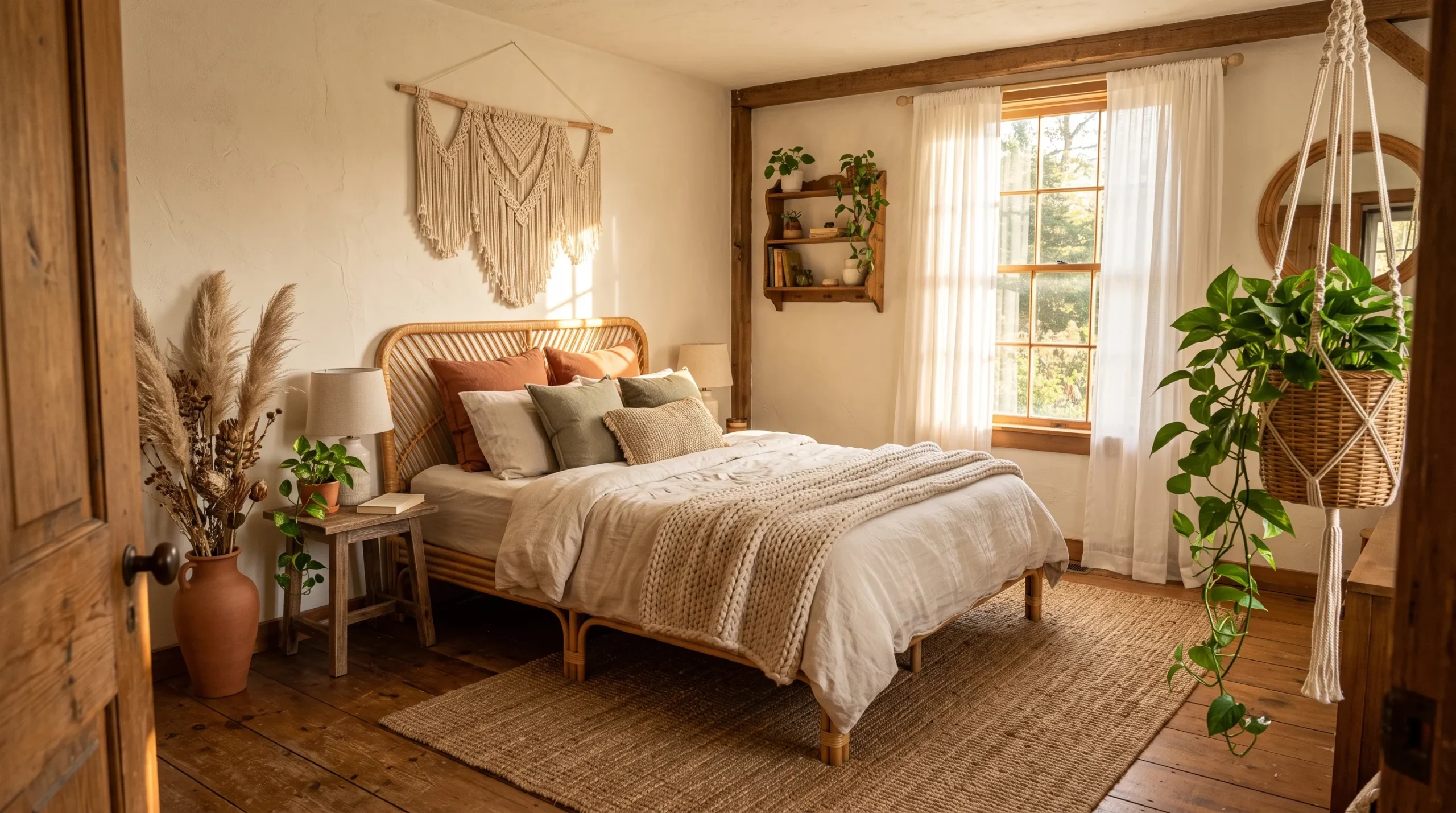 23 Curated Boho Bedroom Ideas for a Cozy, Inviting, and Effortlessly Stylish Retreat 23 Warm sunlit Boho bedroom with rattan bed, linen layers, pampas grass, and macramé featuring stunning Boho bedroom ideas