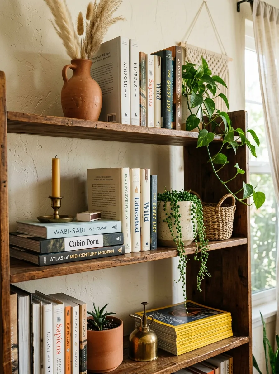 Boho living room bookshelf styled with books, trailing plants, terracotta ceramics, woven baskets, and brass candleholder in warm natural light