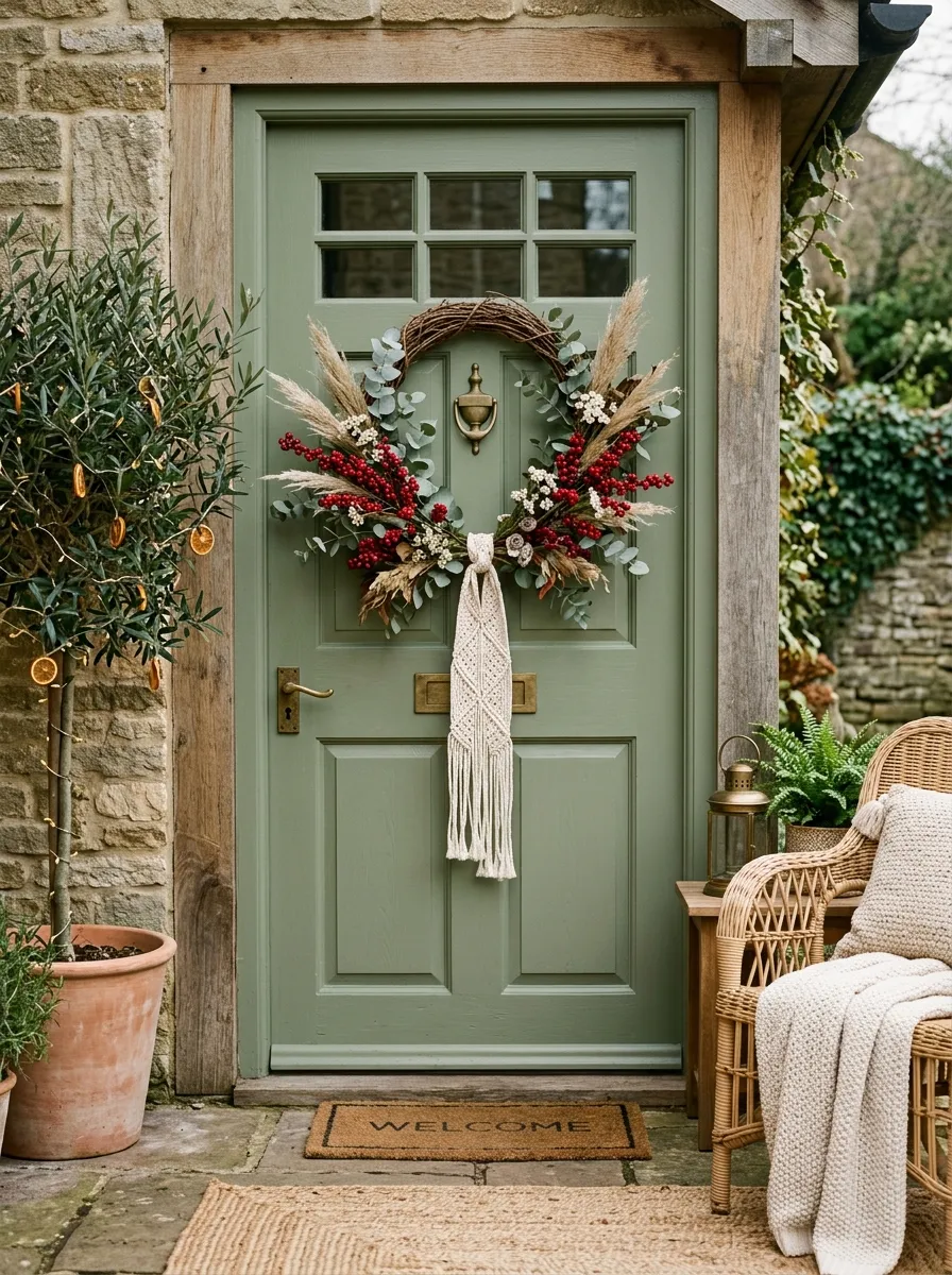 21 Christmas Wreath Ideas That Make Your Front Door the Most Beautiful on the Street 5 A relaxed boho Christmas wreath with eucalyptus, red berries, and dried pampas grass on a sage green front door