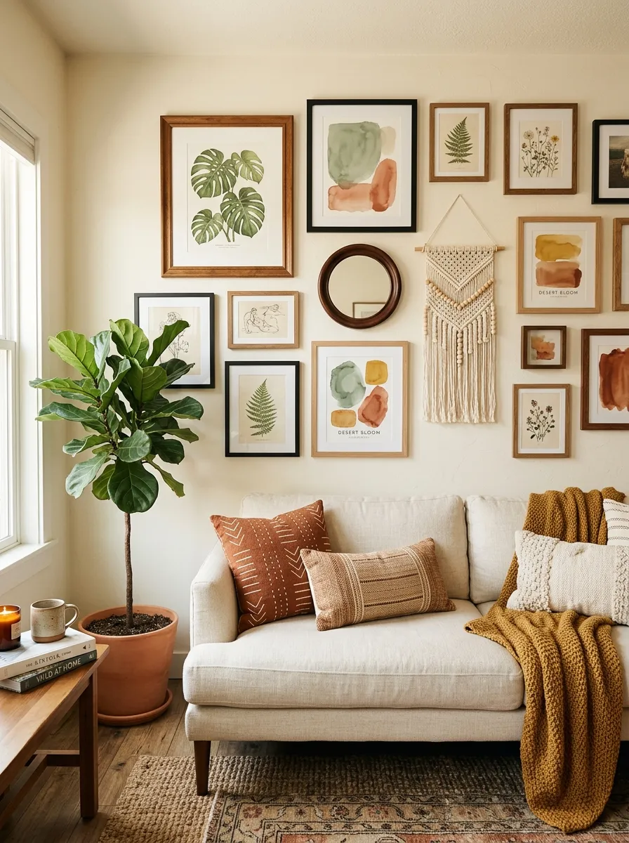 Boho living room gallery wall above cream sofa with botanical prints, abstract art, round mirror, and woven wall hanging in warm frames