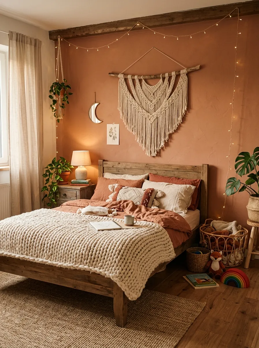 Bedroom ideas for older kids with boho styling, terracotta tones, macrame wall hanging, and warm string light ambiance