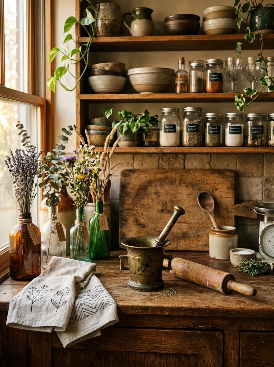 19 Boho Kitchen Ideas That Create a Warm, Collected Space Full of Travel Inspired Character 12 Boho kitchen counter with vintage brass mortar, glass bottles, antique wooden rolling pin, and hand stamped linen towels
