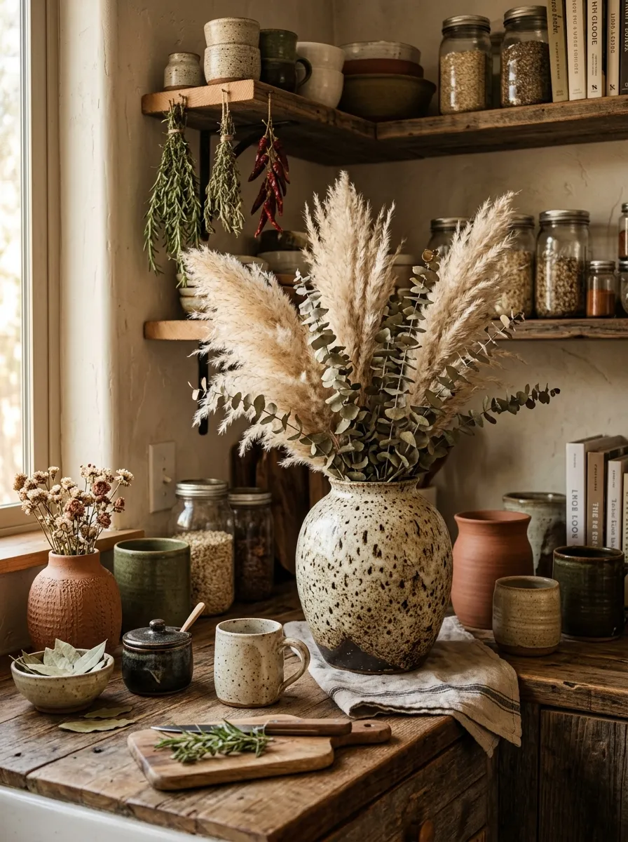 19 Boho Kitchen Ideas That Create a Warm, Collected Space Full of Travel Inspired Character 19 Boho kitchen counter with large speckled stoneware handmade pottery vase holding dried pampas grass and eucalyptus