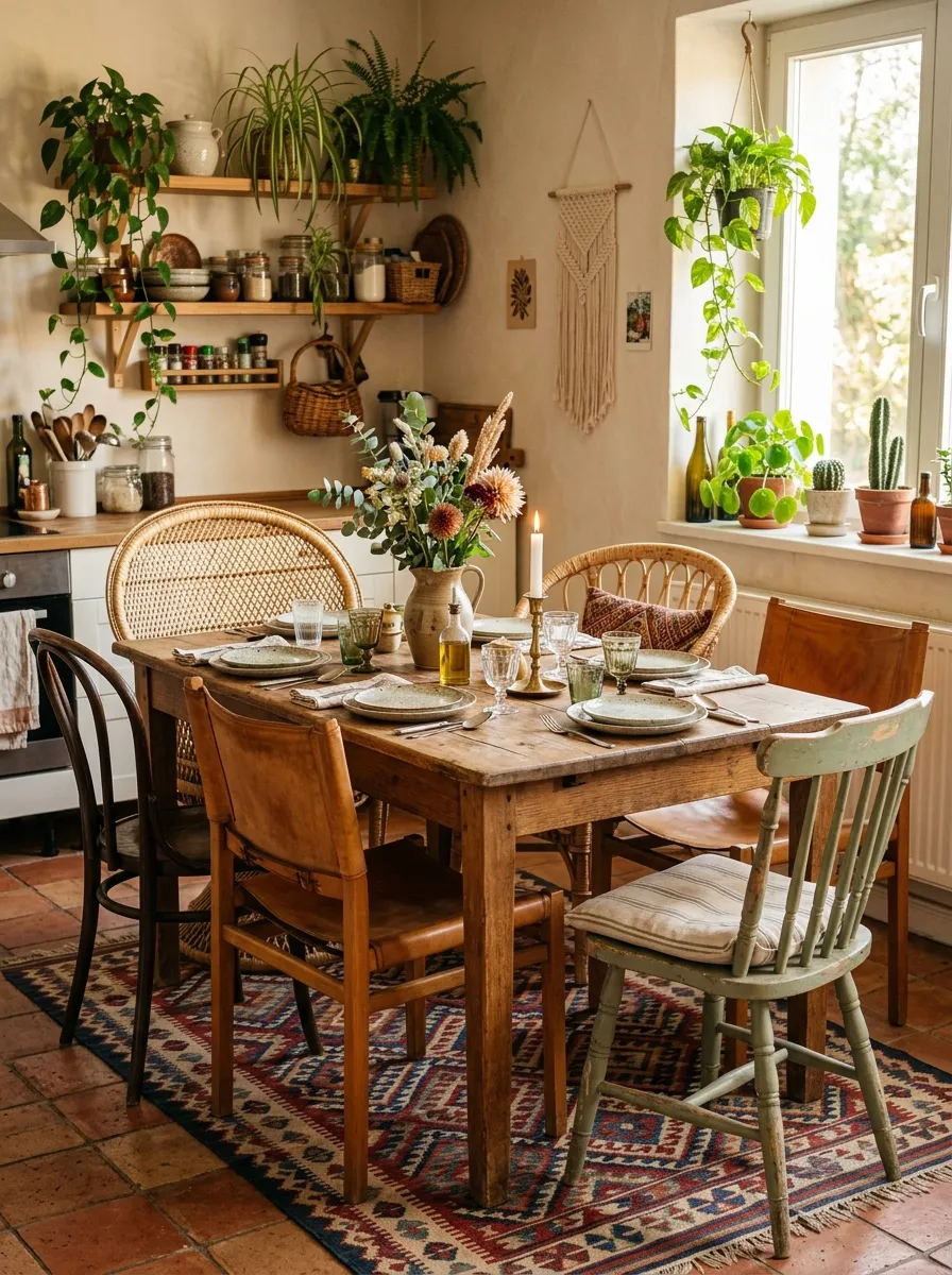 19 Boho Kitchen Ideas That Create a Warm, Collected Space Full of Travel Inspired Character 15 Boho kitchen dining area with mismatched rattan, bentwood, leather, and painted wooden chairs around a farmhouse table