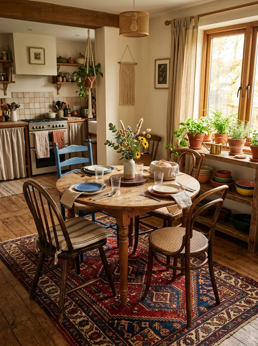 19 Boho Kitchen Ideas That Create a Warm, Collected Space Full of Travel Inspired Character 4 Boho kitchen dining area with a richly patterned kilim rug, wooden round table, and mismatched woven chairs