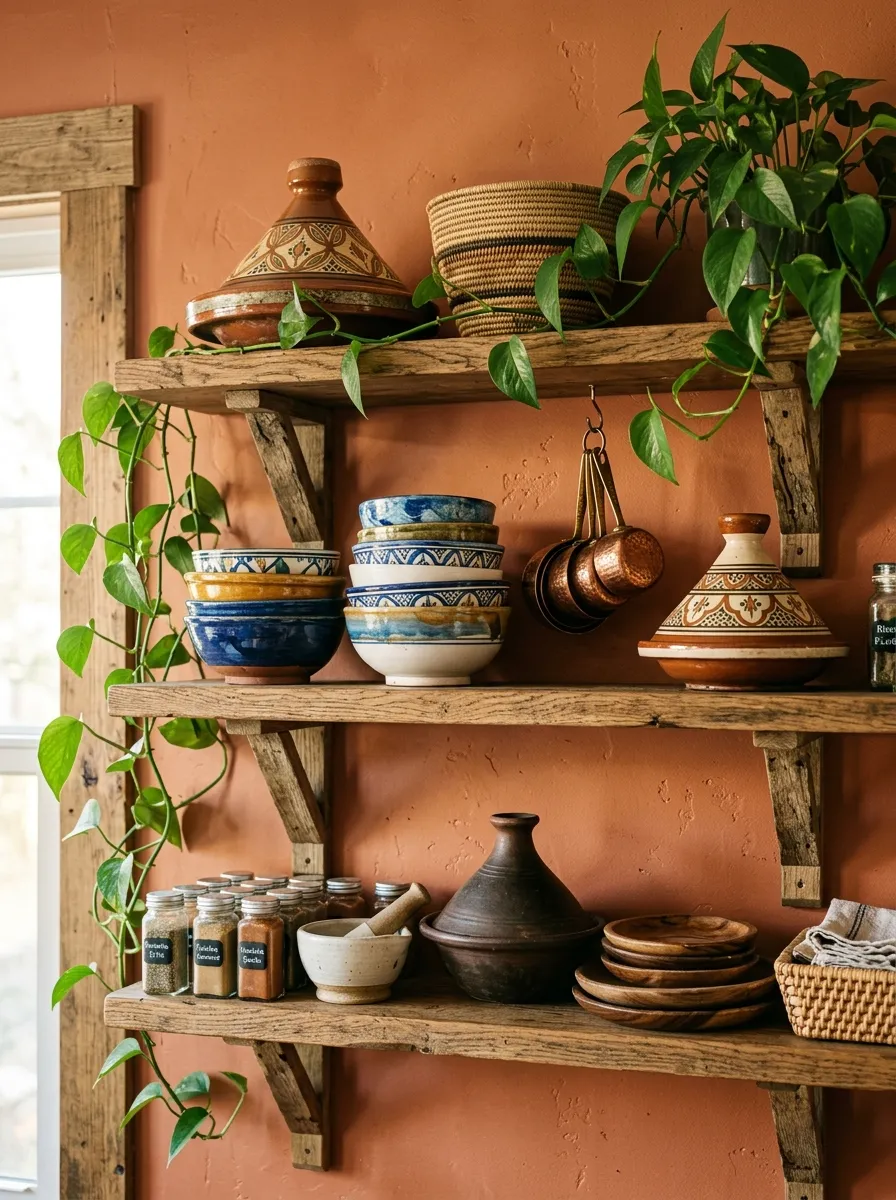 19 Boho Kitchen Ideas That Create a Warm, Collected Space Full of Travel Inspired Character 2 Open Boho kitchen shelves with Moroccan tagines, woven baskets, hand painted ceramics, and copper accents