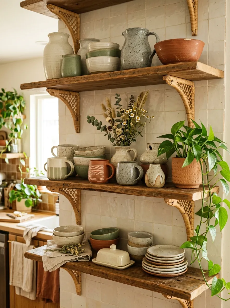19 Boho Kitchen Ideas That Create a Warm, Collected Space Full of Travel Inspired Character 8 Boho kitchen open shelves displaying mismatched handmade ceramics in terracotta, sage, and speckled cream tones