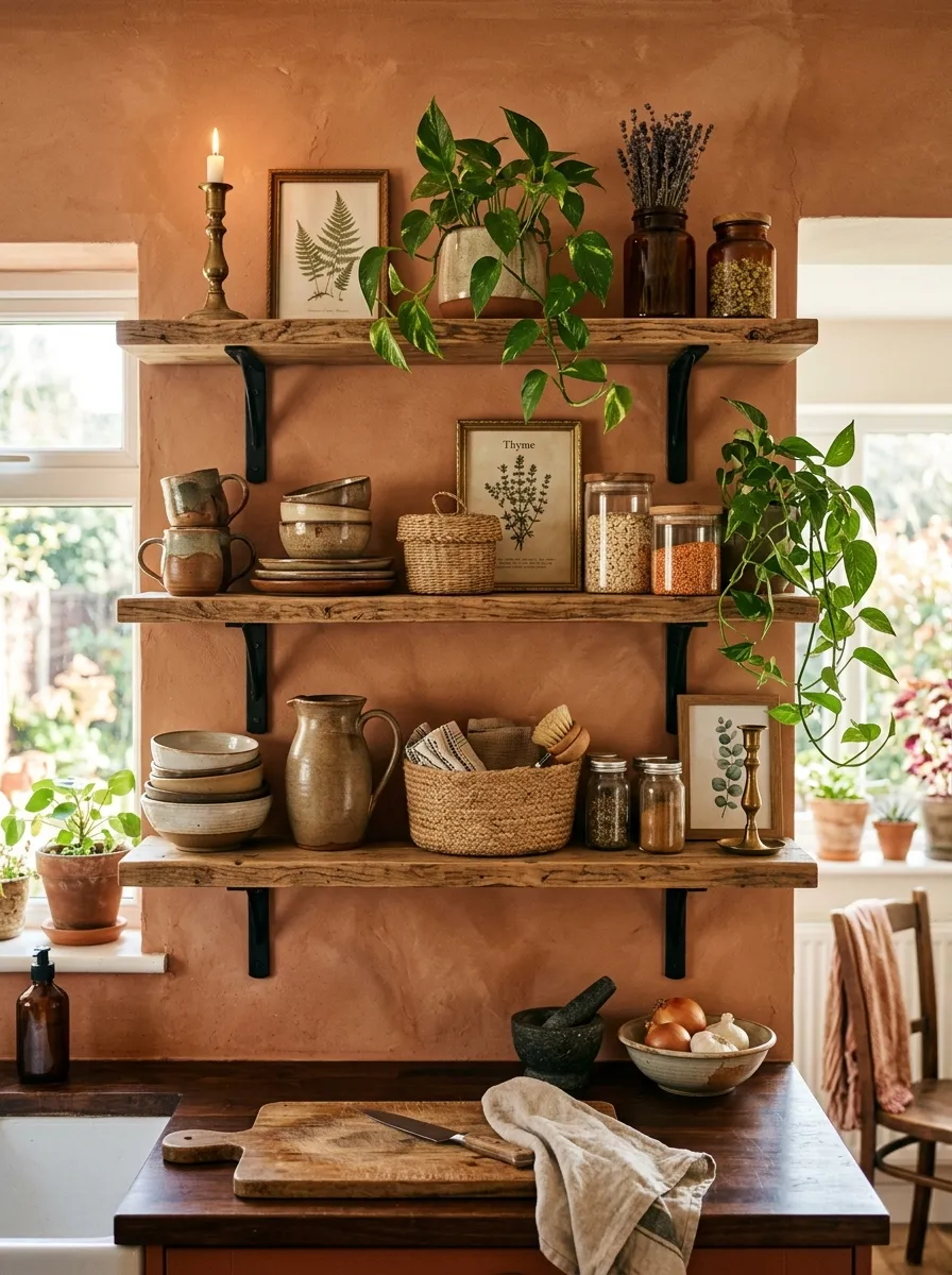19 Boho Kitchen Ideas That Create a Warm, Collected Space Full of Travel Inspired Character 11 Boho kitchen open shelves on black iron brackets styled with ceramics, woven baskets, glass jars, and trailing plants