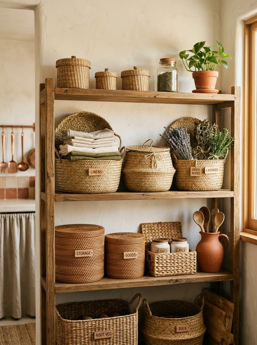 19 Boho Kitchen Ideas That Create a Warm, Collected Space Full of Travel Inspired Character 9 Boho kitchen pantry storage with woven seagrass and rattan baskets in various sizes on open wooden shelves