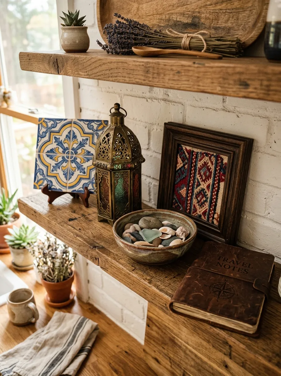 19 Boho Kitchen Ideas That Create a Warm, Collected Space Full of Travel Inspired Character 18 Boho kitchen shelf vignette with Portuguese tile, Moroccan brass lantern, woven framed textile, and personal travel finds