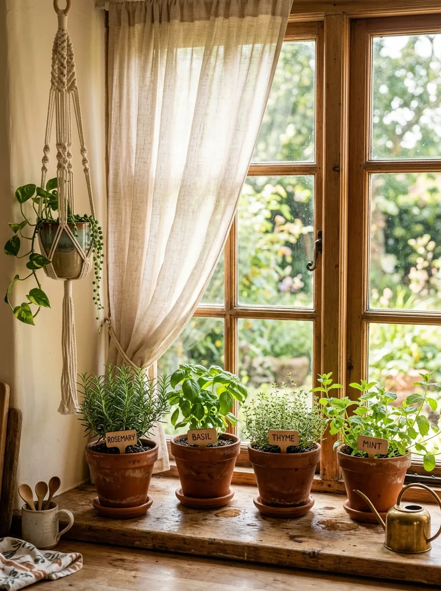 19 Boho Kitchen Ideas That Create a Warm, Collected Space Full of Travel Inspired Character 16 Boho kitchen windowsill with terracotta herb pots growing rosemary, basil, thyme, and mint in morning light