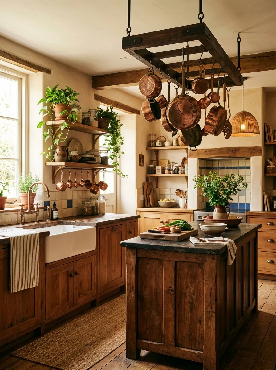 19 Boho Kitchen Ideas That Create a Warm, Collected Space Full of Travel Inspired Character 6 Boho kitchen with copper hanging pots, a copper faucet at a farmhouse sink, and warm rattan pendant light overhead