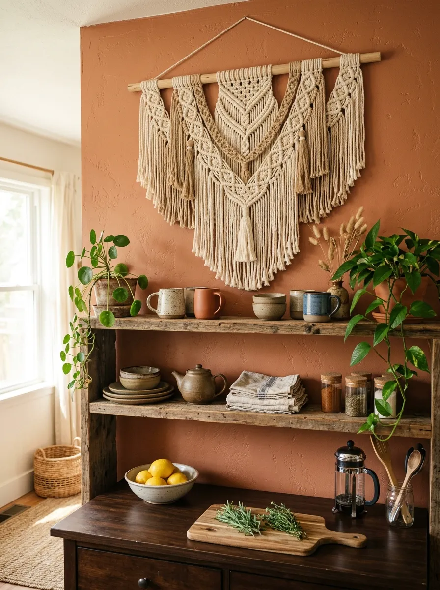 19 Boho Kitchen Ideas That Create a Warm, Collected Space Full of Travel Inspired Character 7 Boho kitchen with a large handwoven macramé wall hanging in cream tones above open wood shelves and terracotta pots