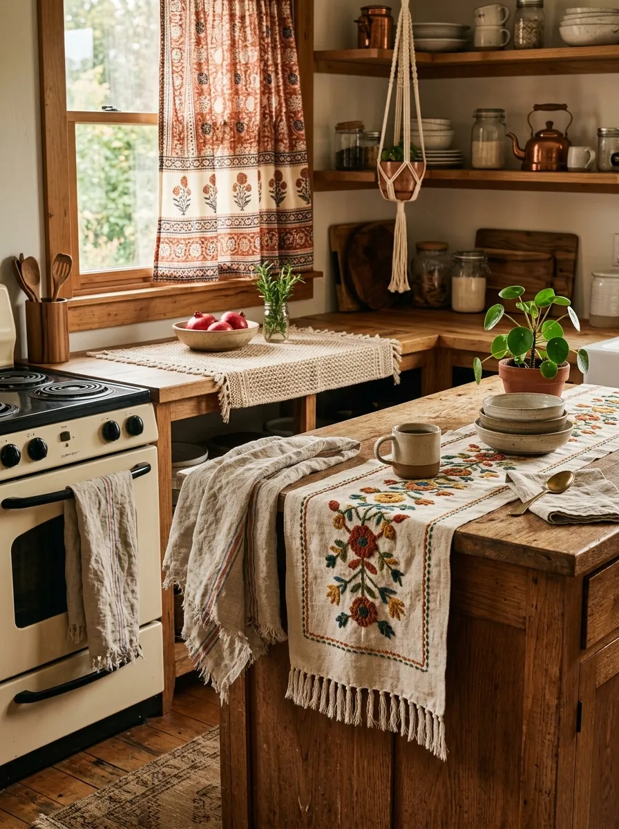 19 Boho Kitchen Ideas That Create a Warm, Collected Space Full of Travel Inspired Character 17 Boho kitchen with linen dish towels, woven placemats, block printed curtain, and hand stitched table runner