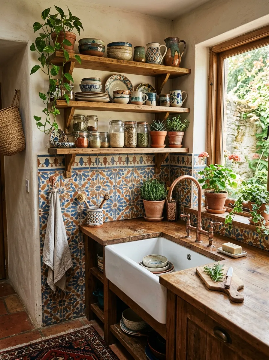 19 Boho Kitchen Ideas That Create a Warm, Collected Space Full of Travel Inspired Character 13 Boho kitchen with a handpainted Moroccan geometric tile backsplash in blue, terracotta, and cream above a farmhouse sink