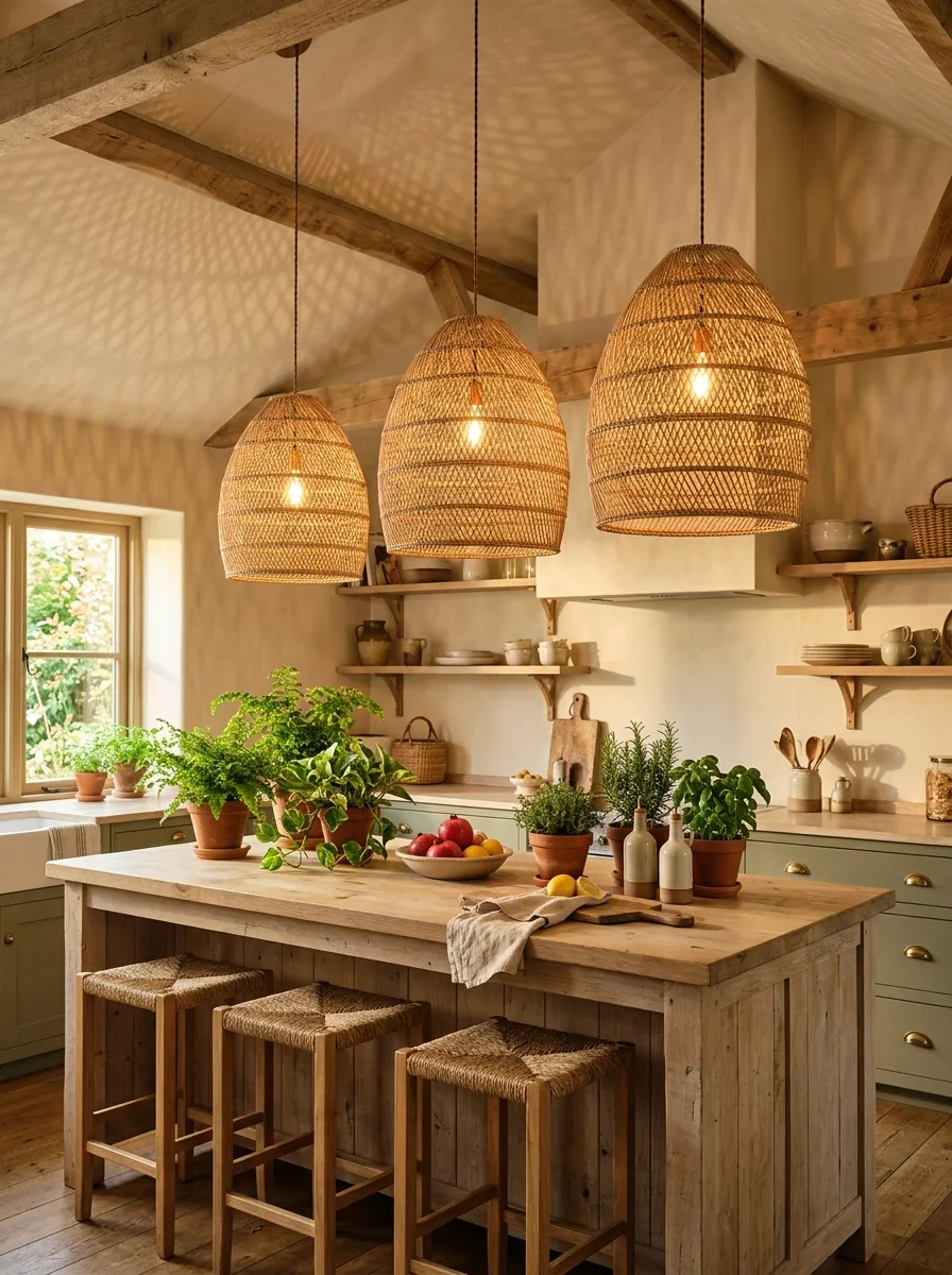 19 Boho Kitchen Ideas That Create a Warm, Collected Space Full of Travel Inspired Character 3 Boho kitchen with large rattan woven pendant lights above a pale wood island and terracotta pot greenery