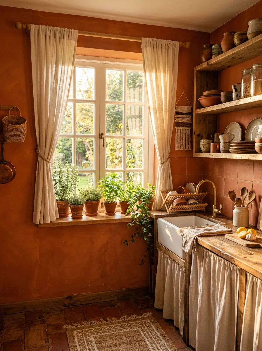 19 Boho Kitchen Ideas That Create a Warm, Collected Space Full of Travel Inspired Character 5 Warm Boho kitchen with terracotta orange walls, matte clay tile backsplash, open wood shelves, and linen curtains