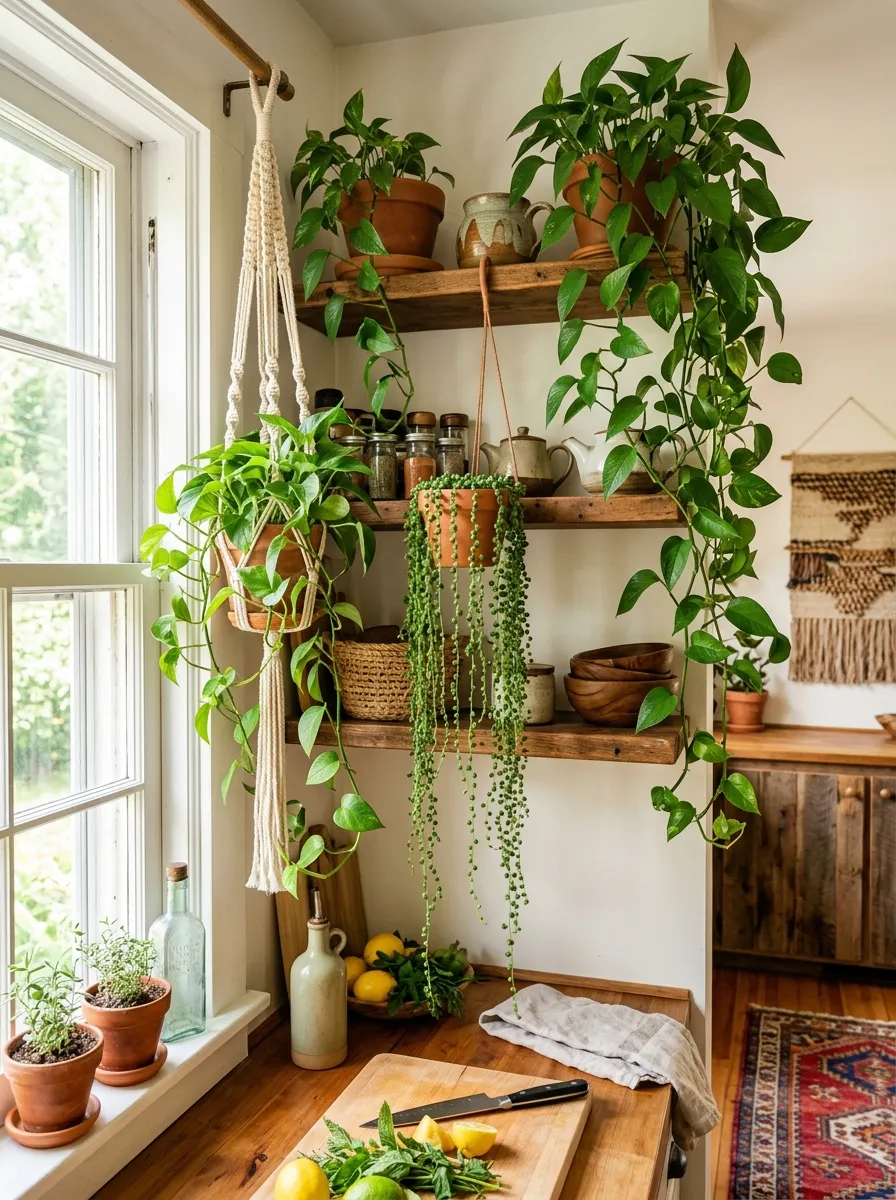 19 Boho Kitchen Ideas That Create a Warm, Collected Space Full of Travel Inspired Character 10 Boho kitchen with trailing pothos and string of pearls plants on open shelves and macramé hanging planters
