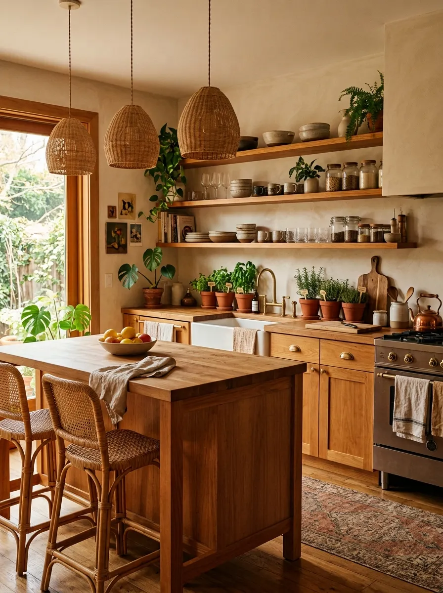 19 Boho Kitchen Ideas That Create a Warm, Collected Space Full of Travel Inspired Character 14 Boho kitchen with warm honey wood flat panel cabinetry, brass cup pulls, butcher block countertop, and rattan pendants
