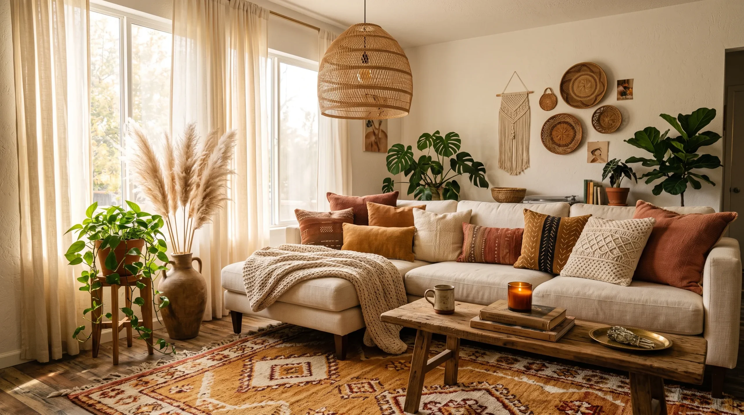 18 Boho Living Room Ideas That Look So Beautiful People Will Think You Hired a Designer 3 Warm and layered Boho living room with cream sectional, Moroccan rug, rattan pendant, and earthy textiles in soft afternoon light