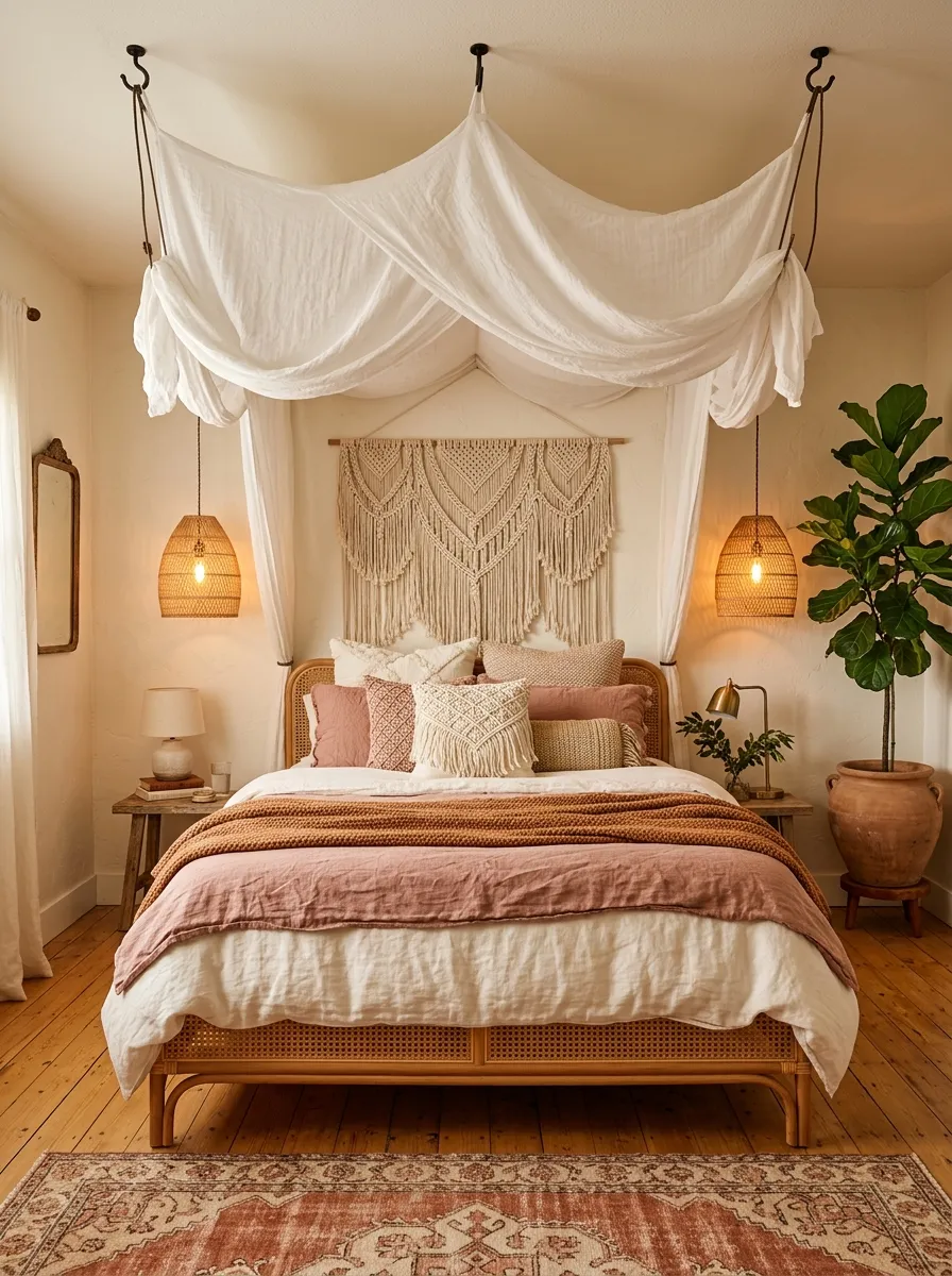 Boho luxe boutique bedroom with white linen canopy, rattan bed frame, macrame accents, and layered dusty rose bedding for a romantic look