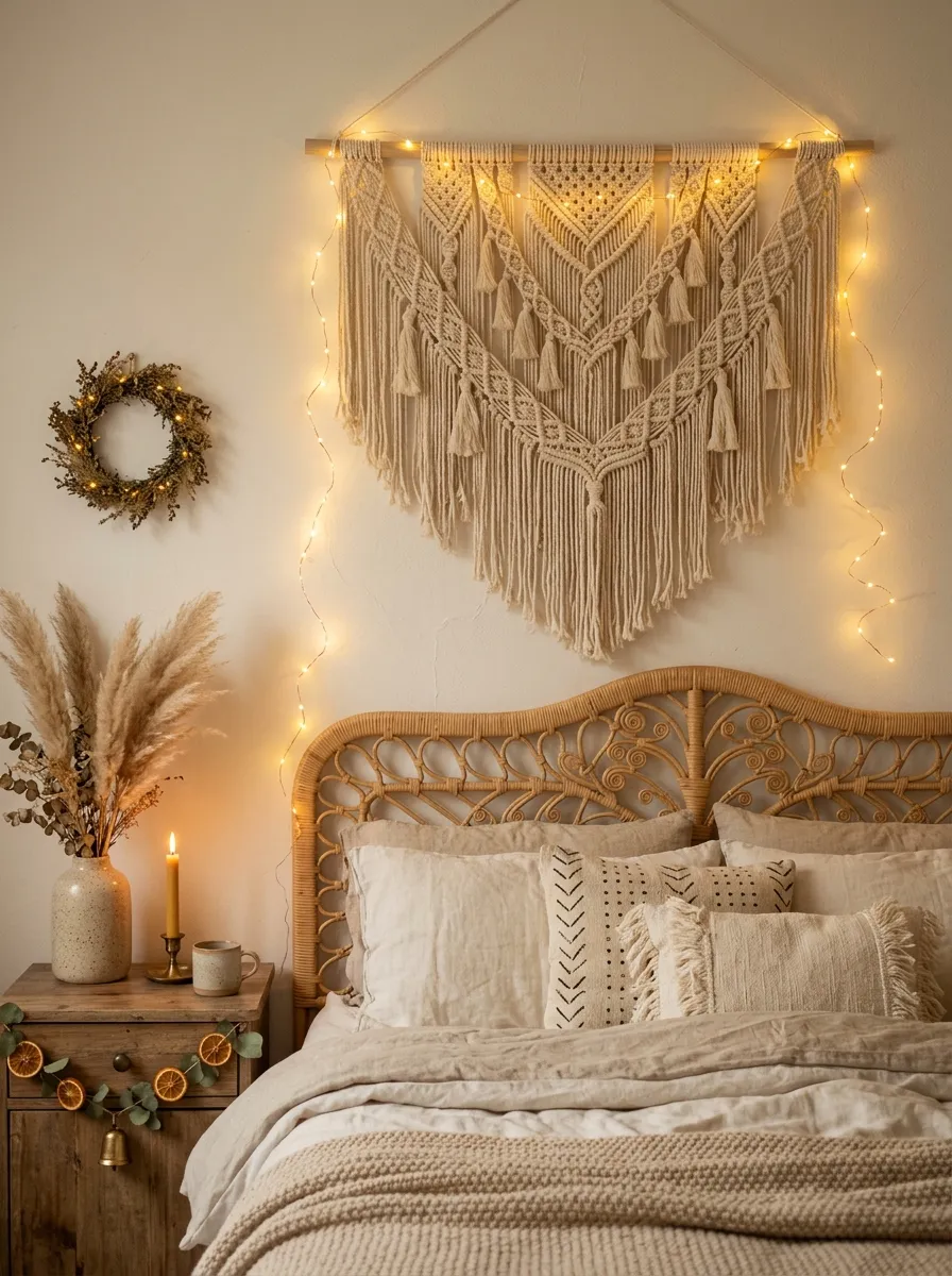 21 Christmas Bedroom Ideas That Make Your Space Feel Magical, Cozy, and Full of Holiday Charm 17 A bohemian bedroom with a cream macrame wall hanging and golden fairy lights draped around it for a cozy boho Christmas bedroom look.