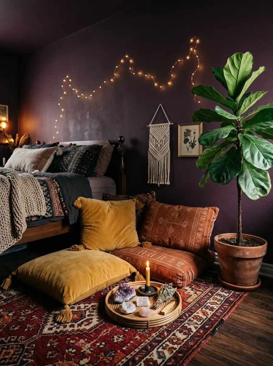 20 Dark Boho Bedroom Ideas That Embrace Moody Colors, Cozy Textures, and Relaxing Nighttime Style 12 A dark Boho bedroom corner with plum walls, floor cushions, crystals on a rattan tray, a fiddle leaf fig plant, and fairy lights