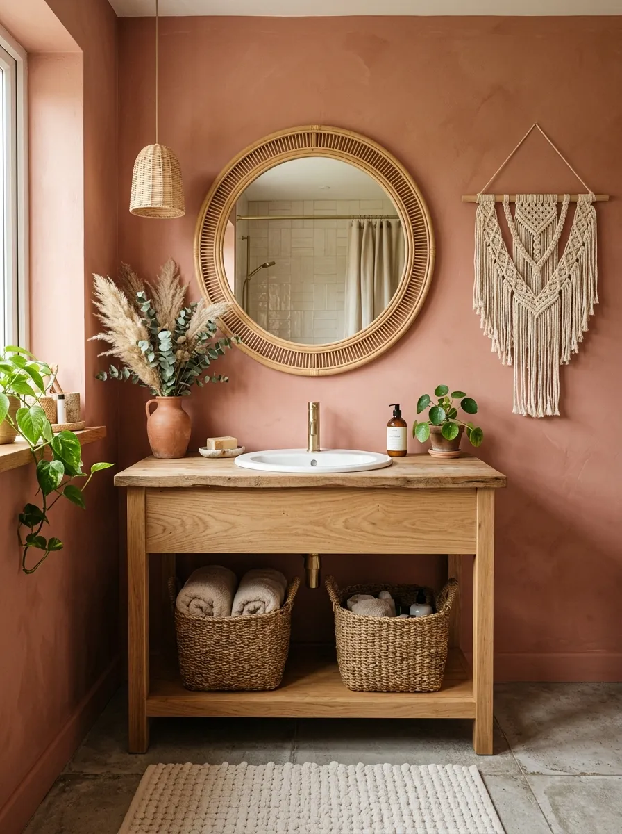 Boho pink bathroom with rattan mirror, macrame wall hanging, pampas grass, and wooden vanity pink bathroom decor