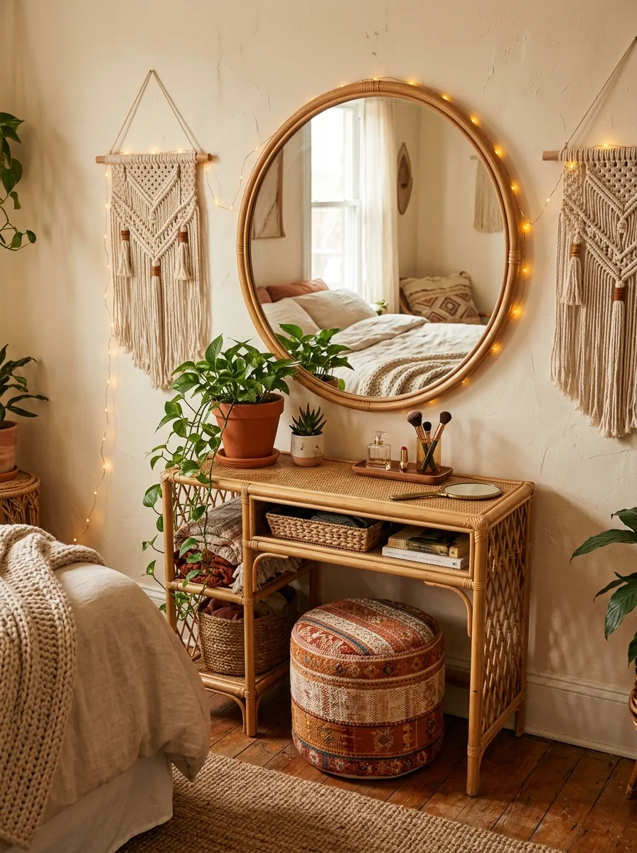 19 Small Bedroom Vanity Ideas to Create an Instagram Worthy Beauty Space With Style 14 Boho rattan vanity table with round mirror and macrame wall accents in a warm earthy small bedroom