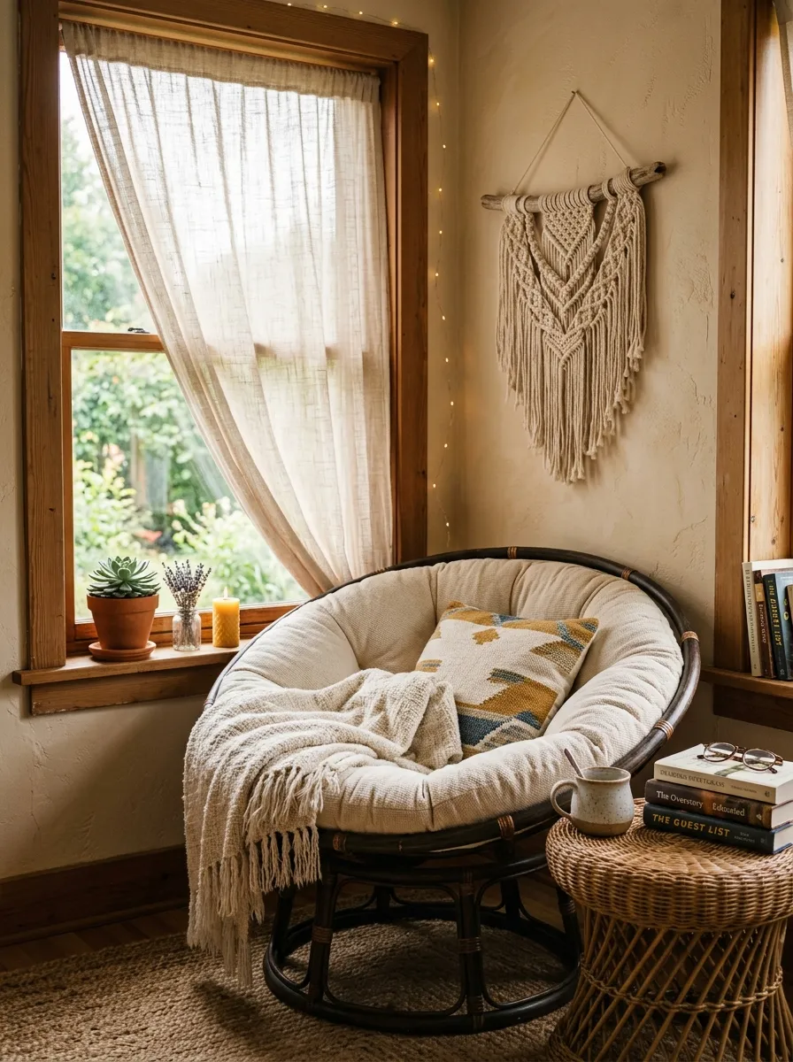 23 Curated Boho Bedroom Ideas for a Cozy, Inviting, and Effortlessly Stylish Retreat 19 Round papasan chair with cream cushion and macramé in a cozy Boho bedroom reading nook by a sheer curtained window