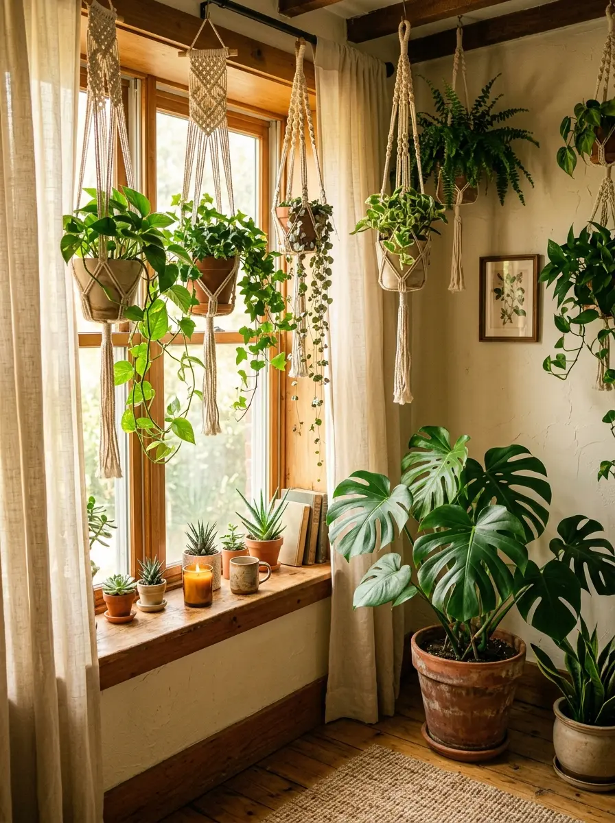 22 Boho Apartment Ideas That Turn Small Spaces Into Soulful, Cozy, and Stylish Sanctuaries 4 A small Boho apartment window corner with hanging pothos, macramé planters, monstera, and sheer linen curtains in warm morning light.