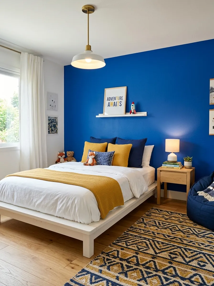 Big kids bedroom ideas featuring a cobalt blue accent wall, white bed frame, and mustard yellow pillow accents