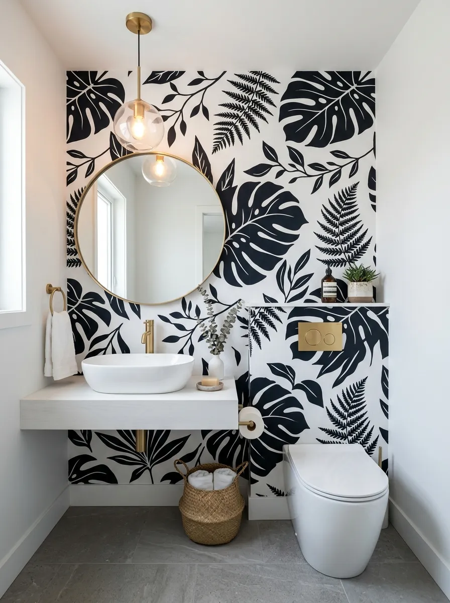 18 Black and White Bathroom Ideas That Photograph Beautifully and Look Just as Good in Real Life 10 Bathroom with bold black and white botanical graphic wallpaper behind vanity and oval vessel sink