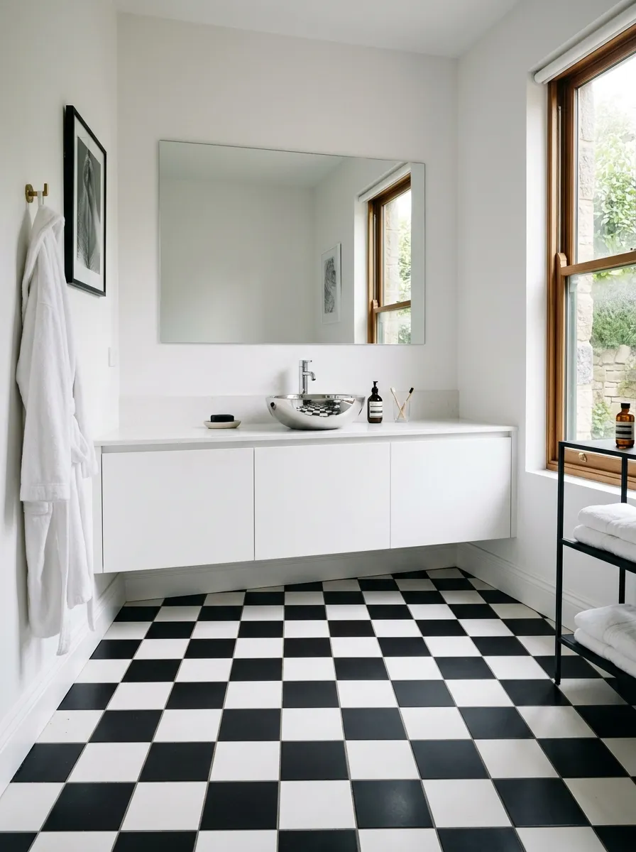18 Black and White Bathroom Ideas That Photograph Beautifully and Look Just as Good in Real Life 4 Striking black and white checkerboard tile floor bathroom with white walls and chrome fixtures