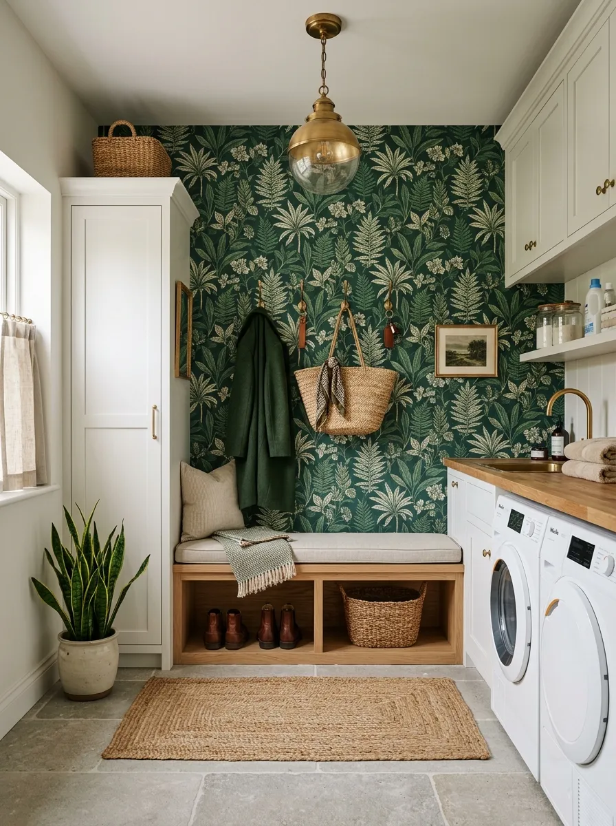 Deep green and cream botanical wallpaper accent wall behind white oak bench with brass hooks in bright mudroom laundry room
